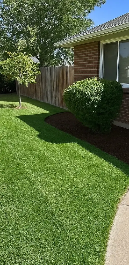 Front yard after landscaping with lush green lawn and well-shaped bushes